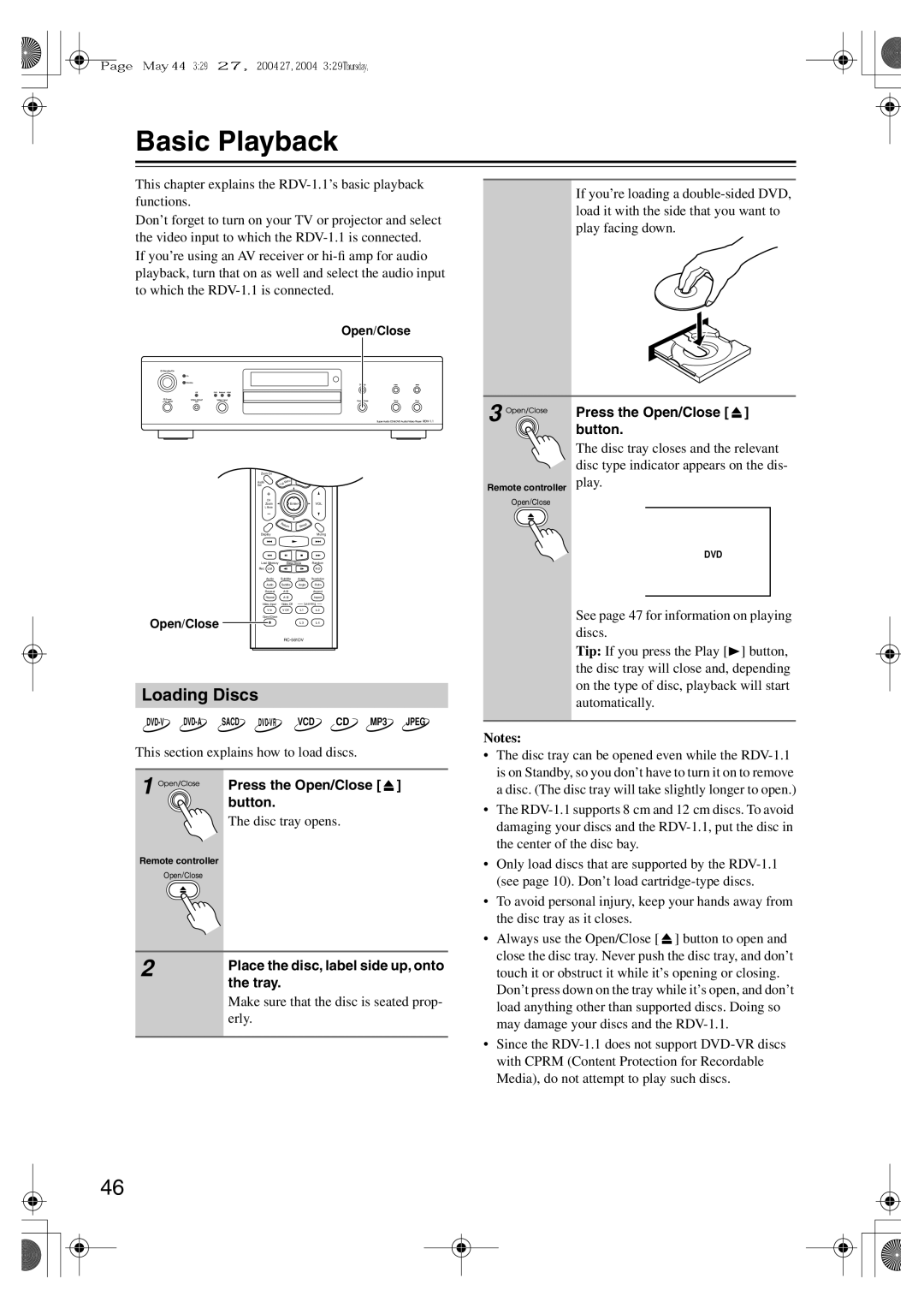 Integra RDV-1.1 instruction manual Basic Playback, Loading Discs 