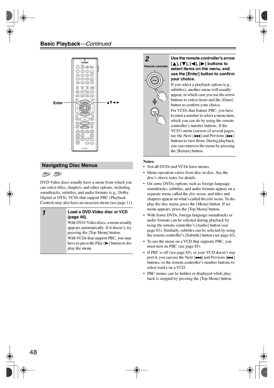 Integra RDV-1.1 Navigating Disc Menus, Load a DVD-Video disc or VCD, Pressing the Top Menu button, Play the menu 