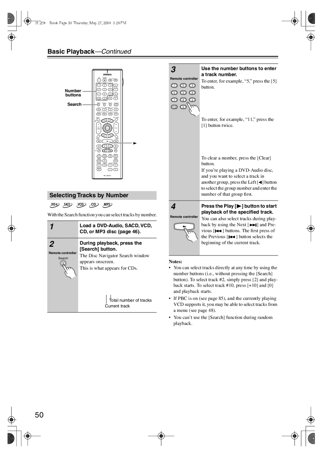 Integra RDV-1.1 instruction manual Selecting Tracks by Number 