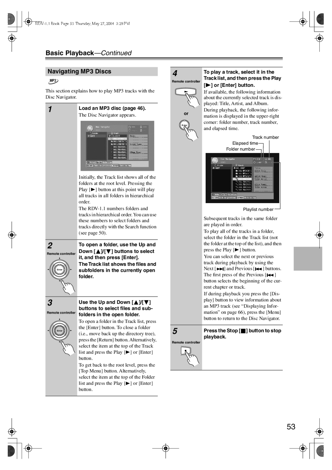 Integra RDV-1.1 instruction manual Navigating MP3 Discs 