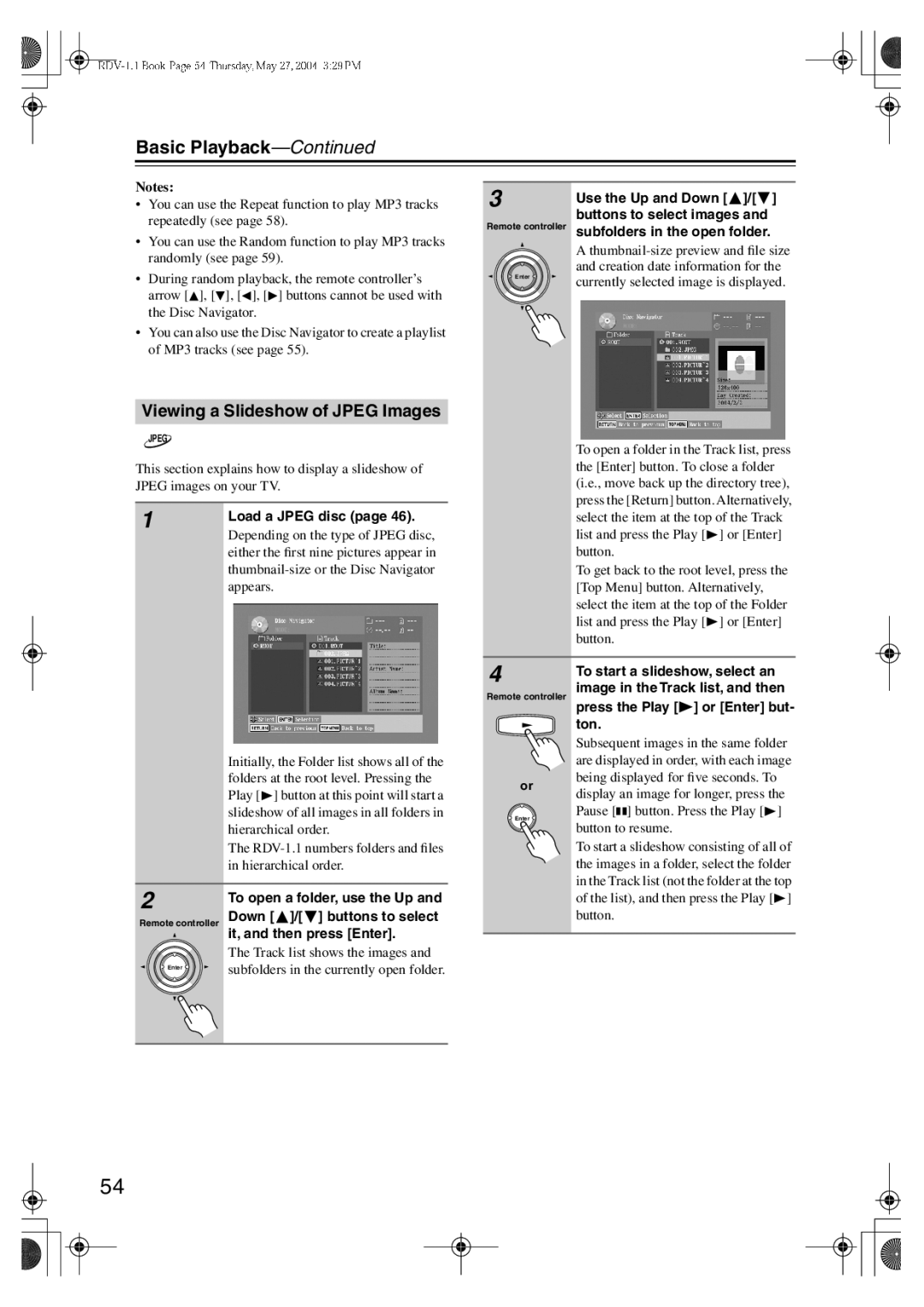 Integra RDV-1.1 Viewing a Slideshow of Jpeg Images, Load a Jpeg disc, Thumbnail-size or the Disc Navigator, Appears 