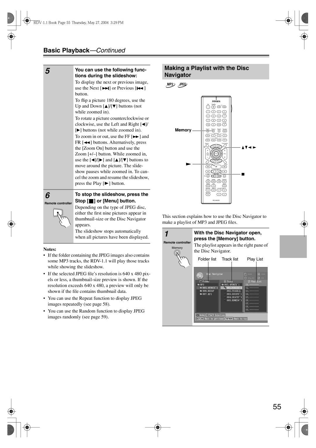 Integra RDV-1.1 instruction manual Making a Playlist with the Disc Navigator 