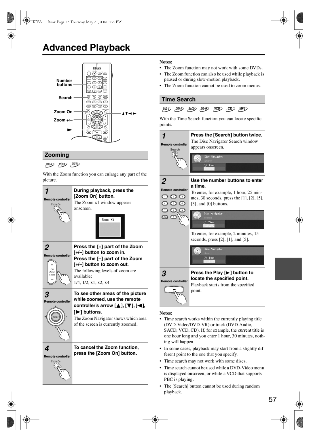 Integra RDV-1.1 instruction manual Advanced Playback, Time Search, Zooming 