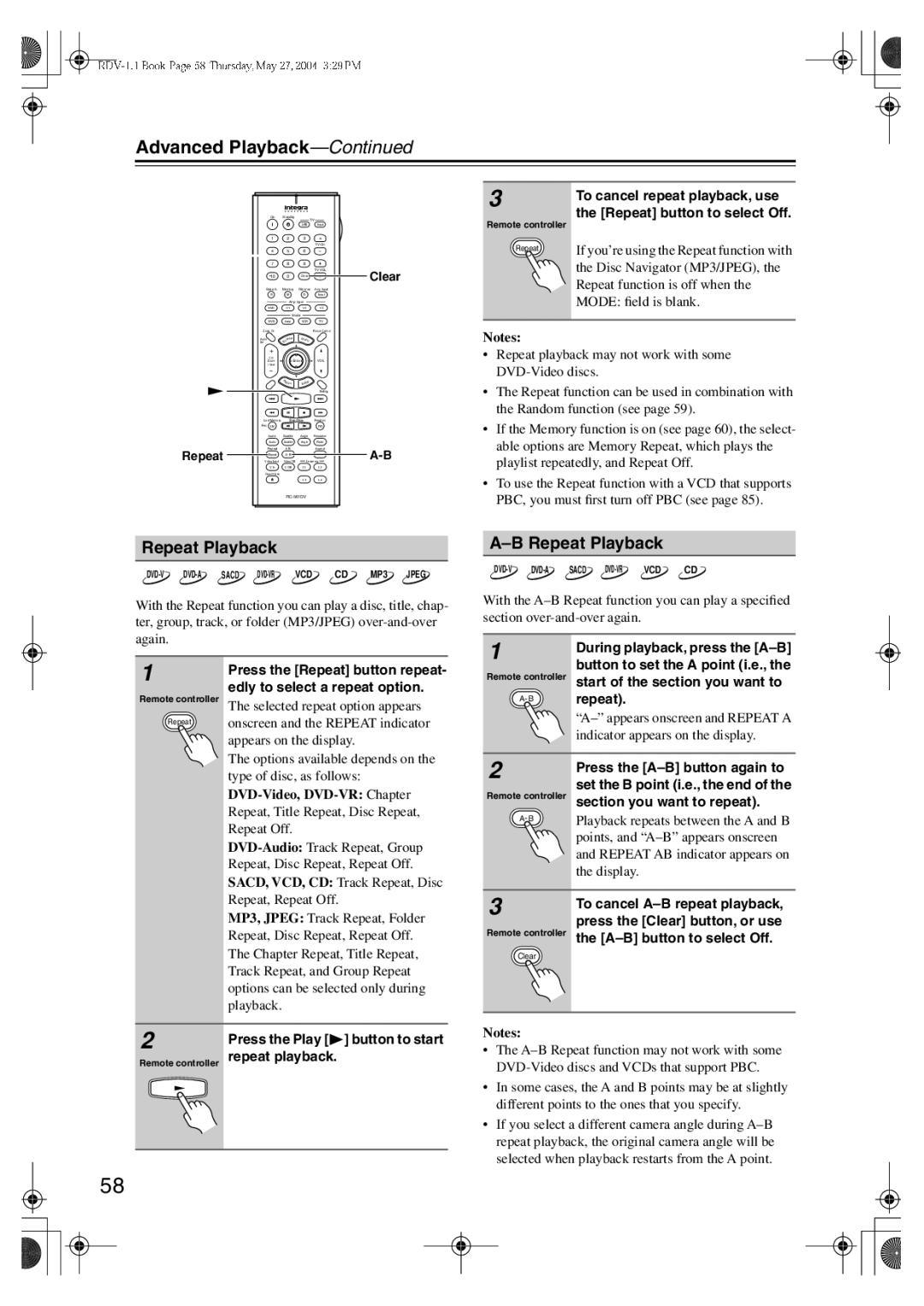 Integra RDV-1.1 instruction manual Advanced Playback, Repeat Playback 