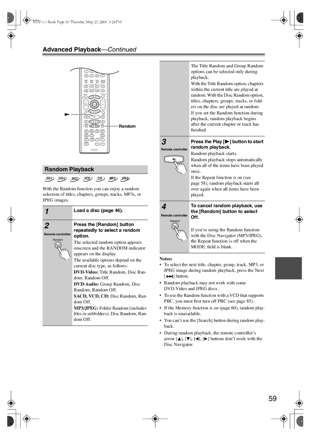 Integra RDV-1.1 instruction manual Random Playback, Load a disc, SACD, VCD, CD Disc Random, Ran- dom Off 