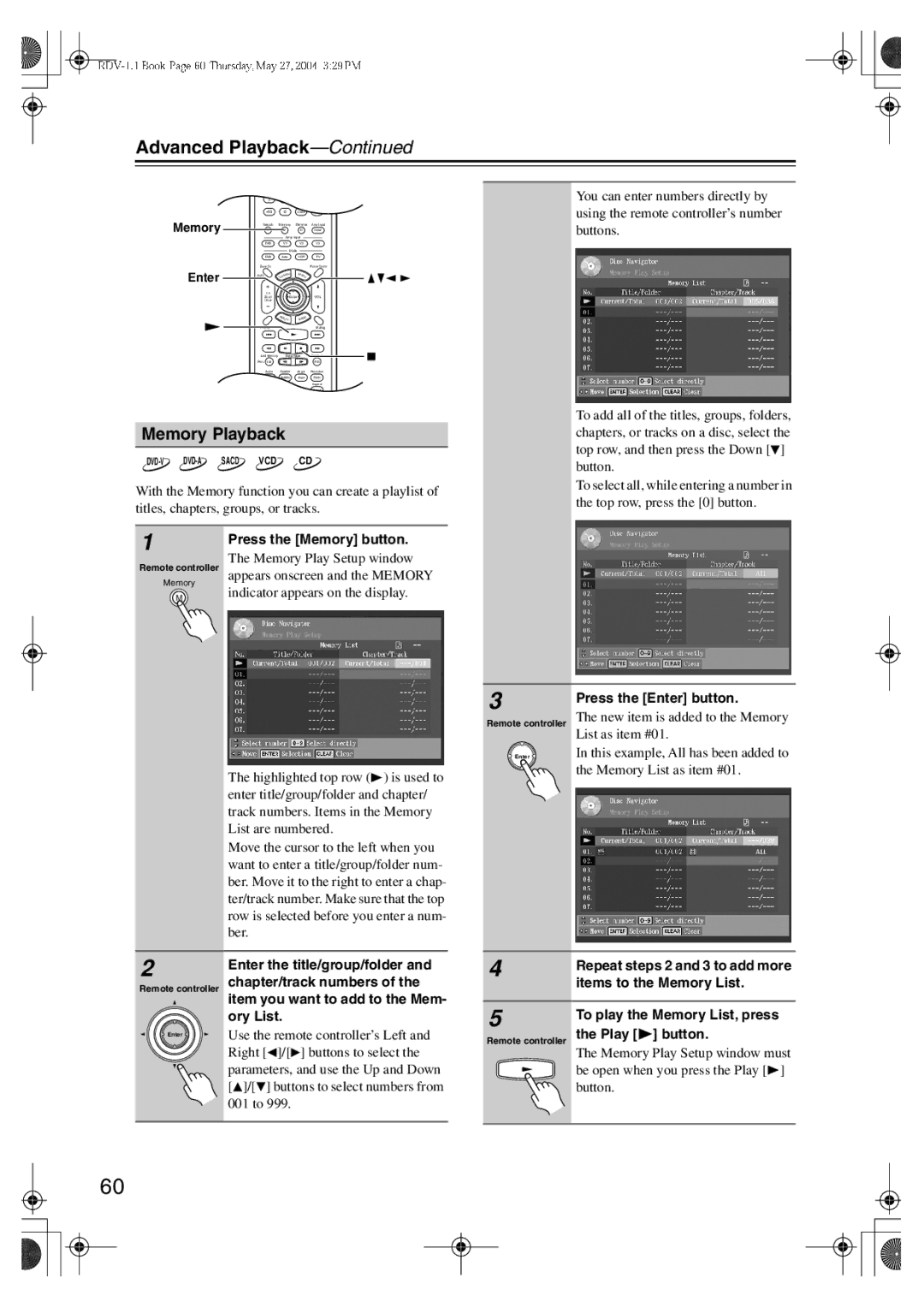 Integra RDV-1.1 Memory Playback, Press the Enter button, Items to the Memory List, To play the Memory List, press 