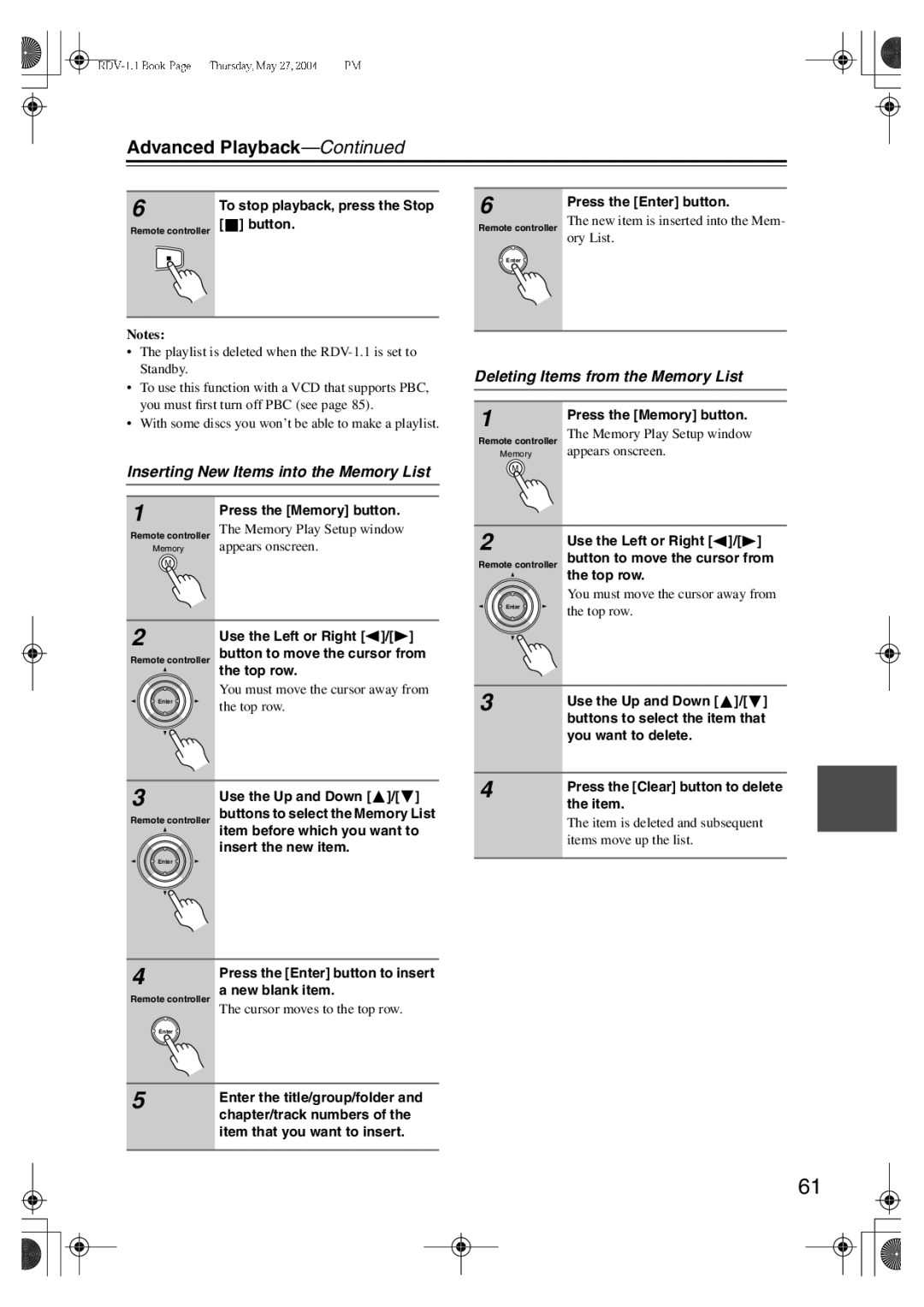 Integra RDV-1.1 instruction manual Inserting New Items into the Memory List, Deleting Items from the Memory List 