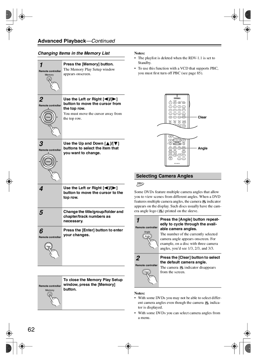 Integra RDV-1.1 instruction manual Selecting Camera Angles, Changing Items in the Memory List 