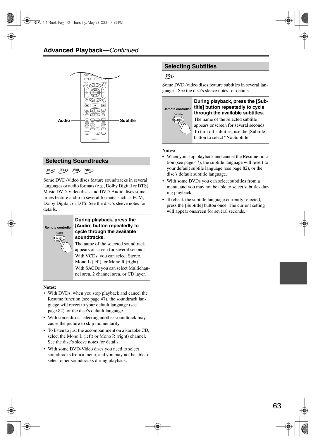 Integra RDV-1.1 instruction manual Selecting Subtitles, Selecting Soundtracks 