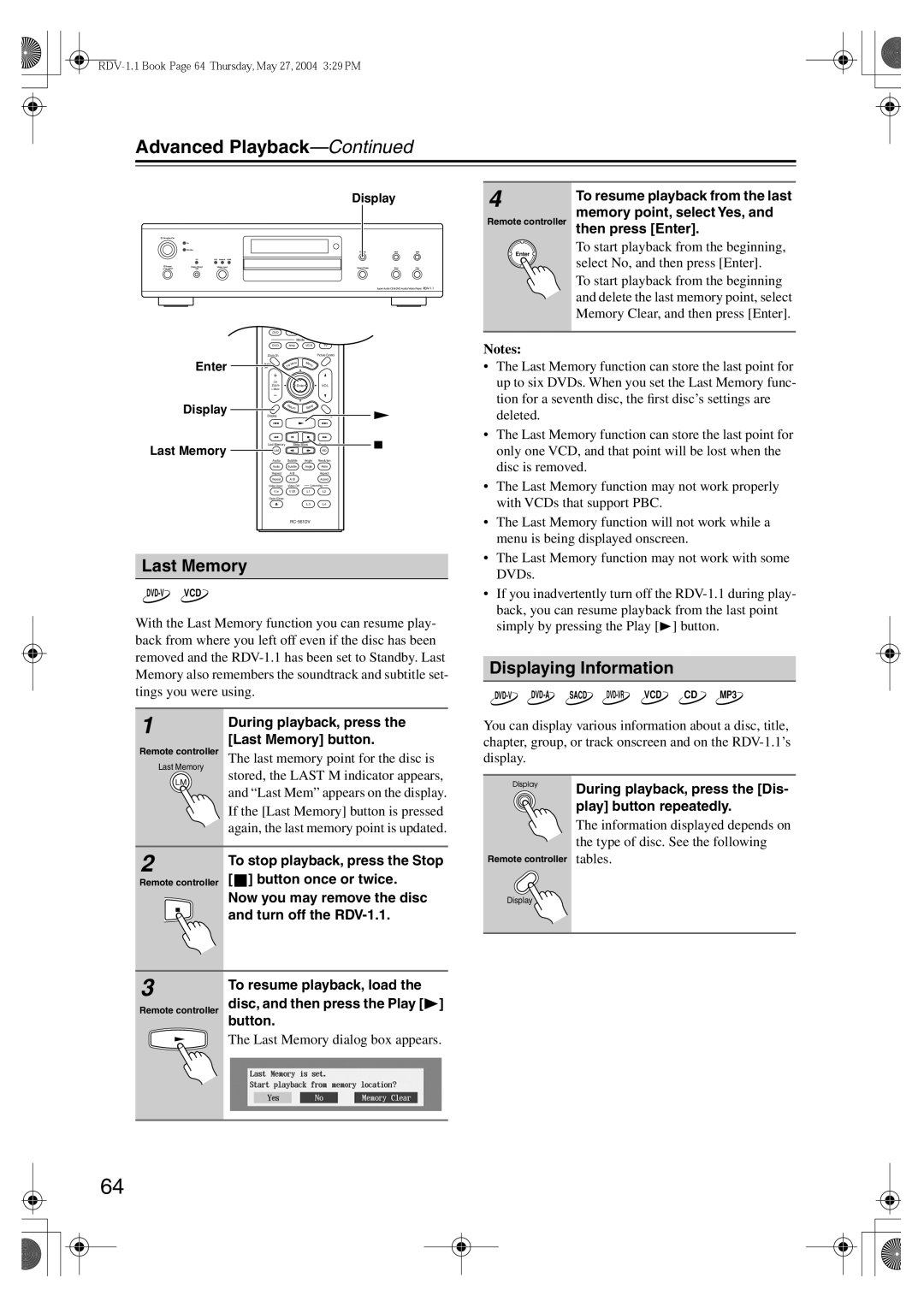 Integra RDV-1.1 instruction manual Last Memory, Displaying Information 