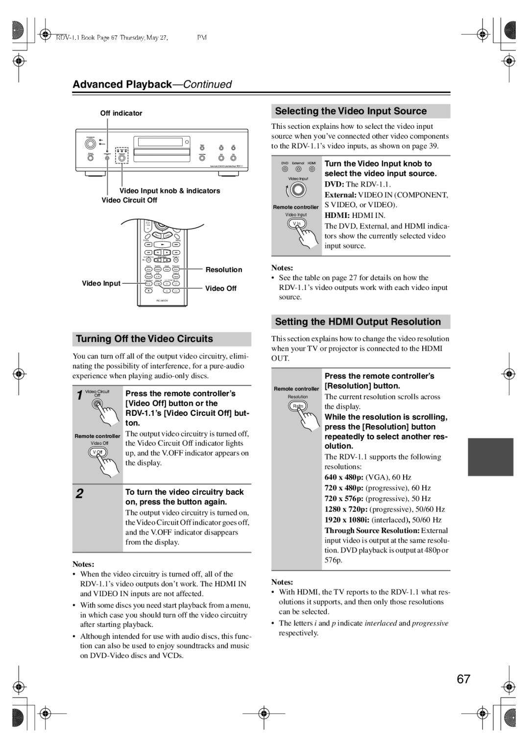 Integra RDV-1.1 Selecting the Video Input Source, Turning Off the Video Circuits, Setting the Hdmi Output Resolution 