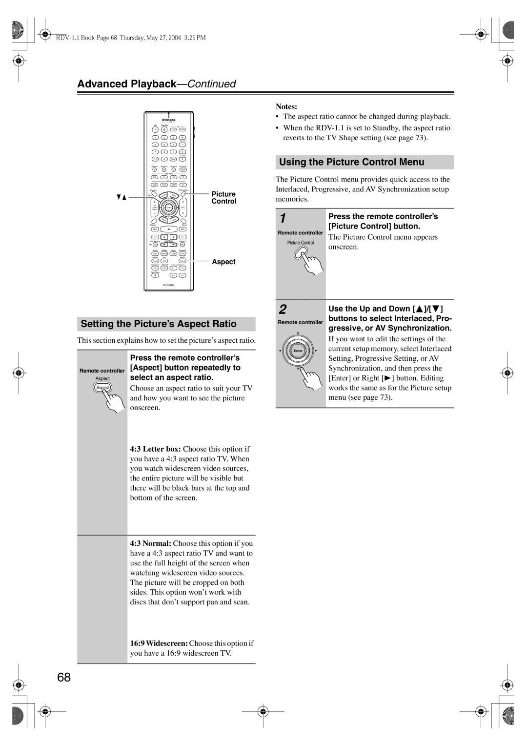 Integra RDV-1.1 Using the Picture Control Menu, Setting the Picture’s Aspect Ratio, Press the remote controller’s 