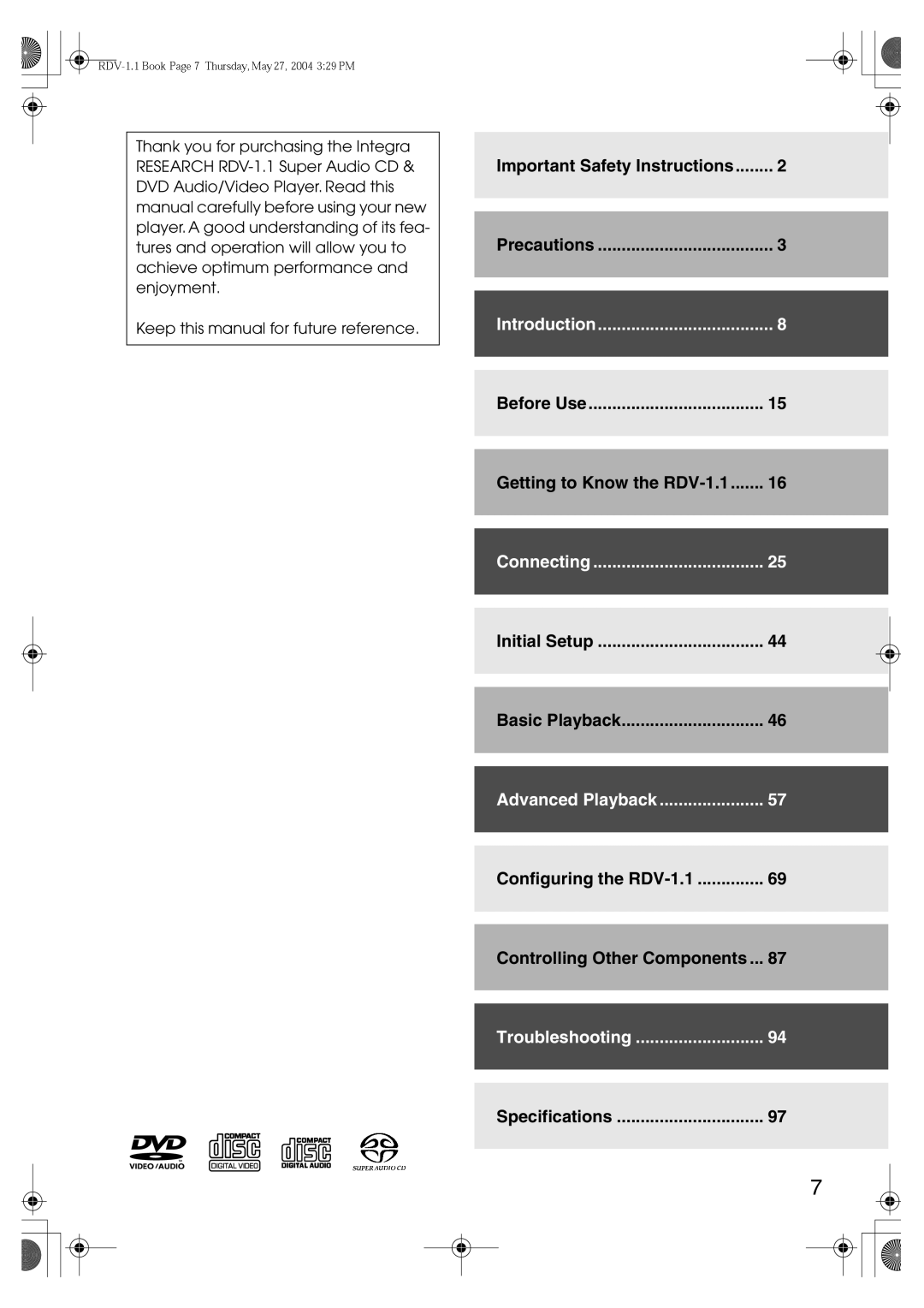 Integra Important Safety Instructions Precautions, Before Use Getting to Know the RDV-1.1, Initial Setup Basic Playback 