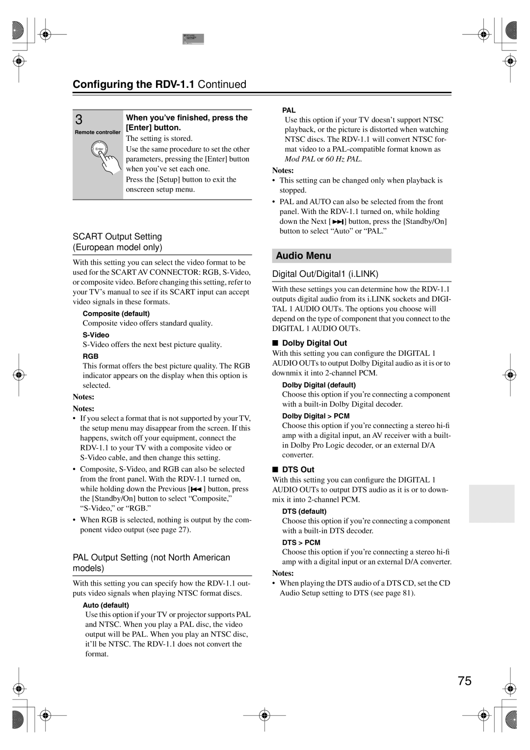 Integra RDV-1.1 Audio Menu, Scart Output Setting European model only, PAL Output Setting not North American models 