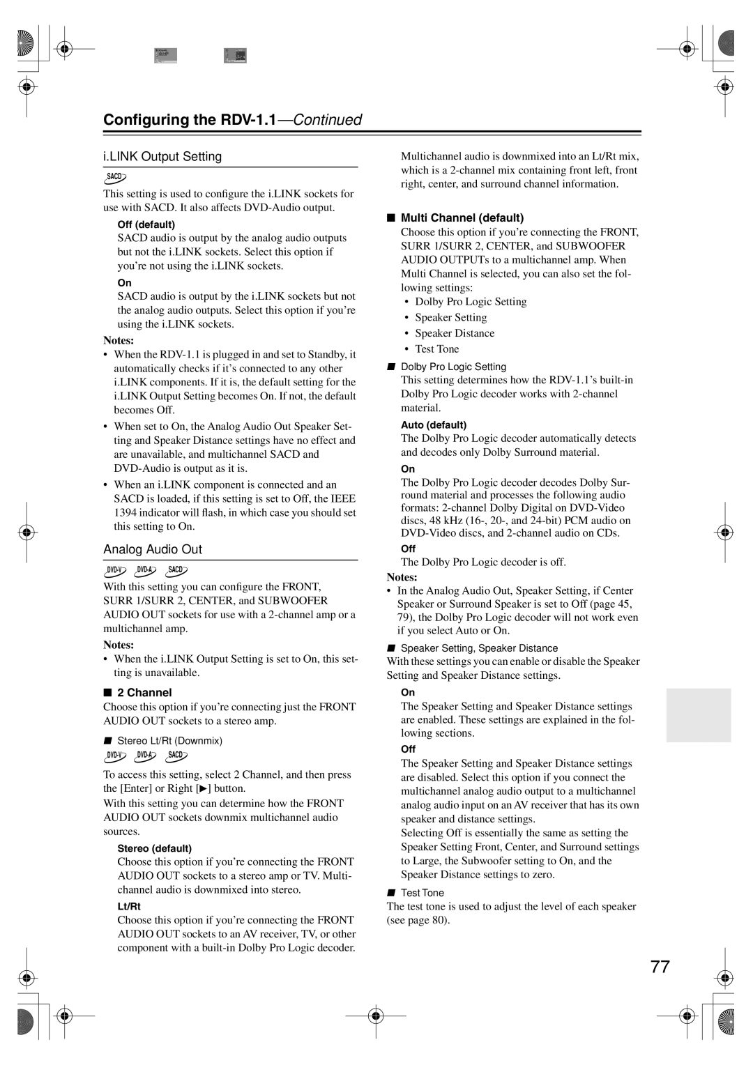 Integra RDV-1.1 instruction manual Link Output Setting, Analog Audio Out, Multi Channel default 