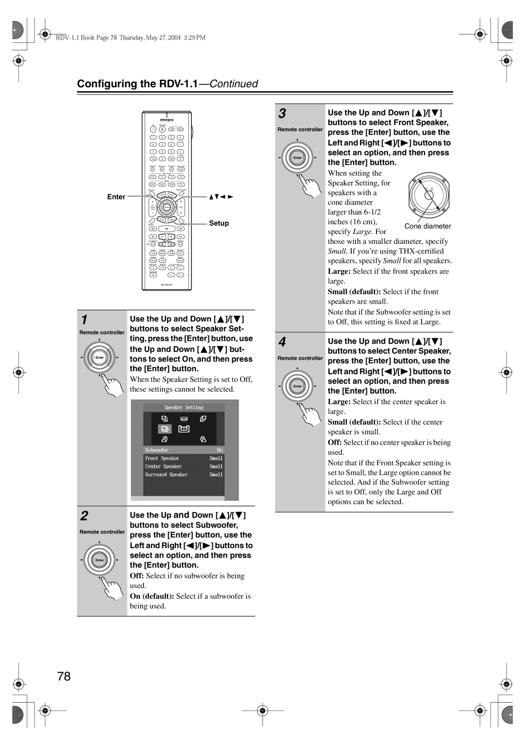 Integra RDV-1.1 instruction manual Buttons to select Front Speaker 