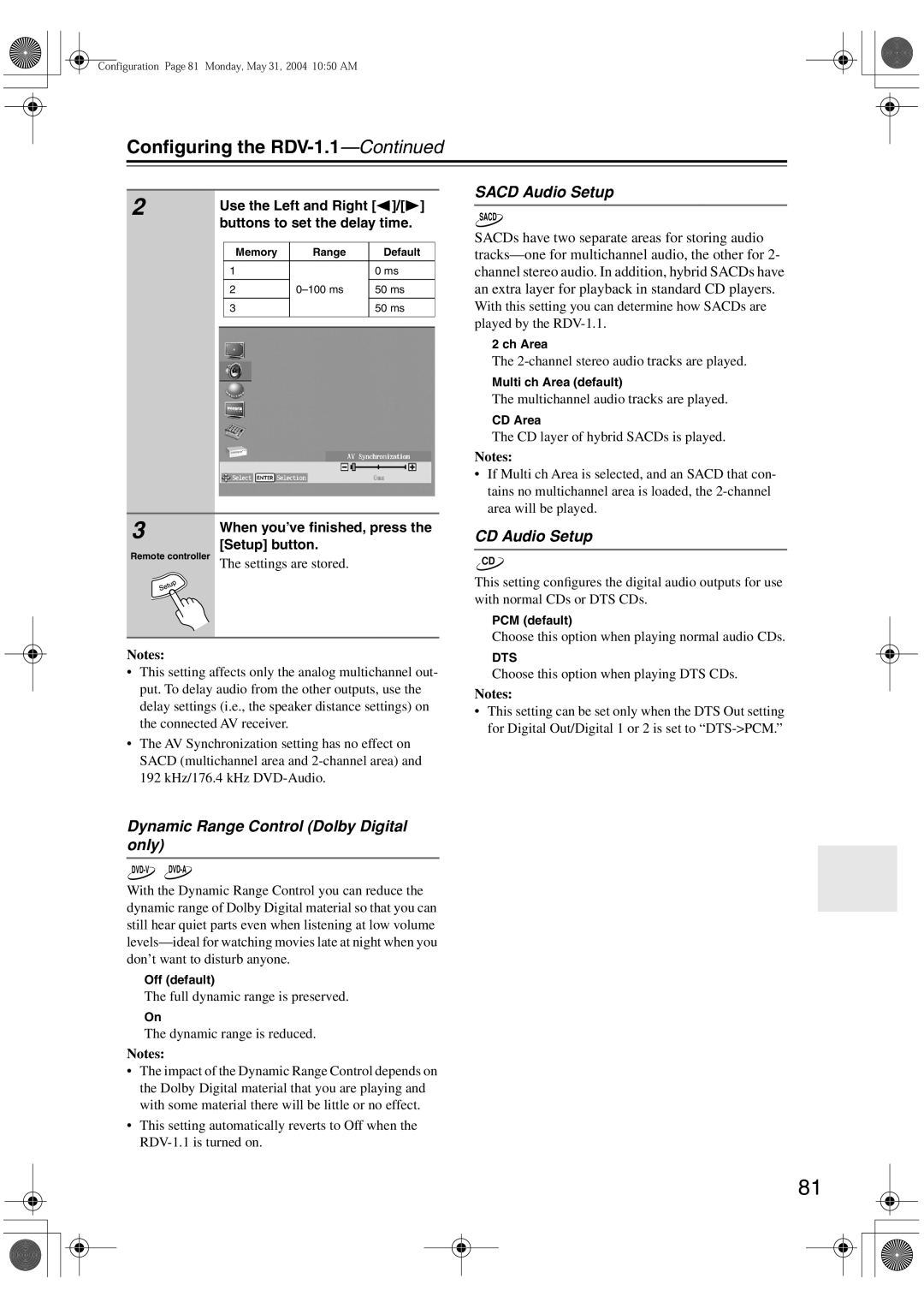 Integra RDV-1.1 Sacd Audio Setup, CD Audio Setup, Dynamic Range Control Dolby Digital only, Buttons to set the delay time 