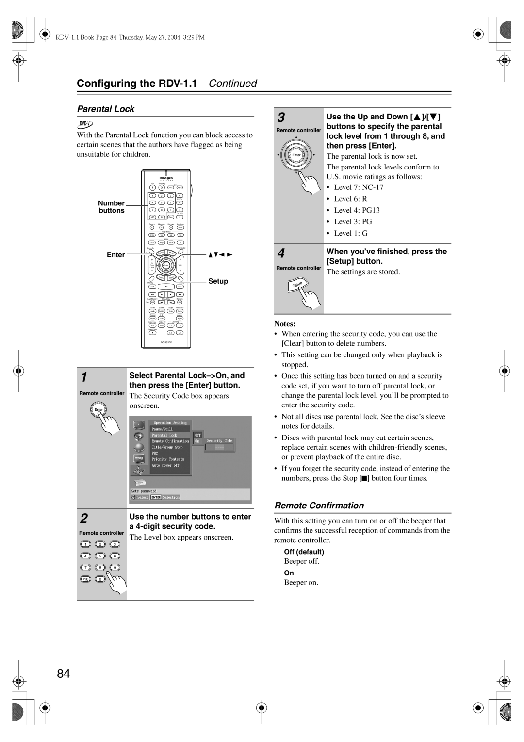 Integra RDV-1.1 instruction manual Remote Conﬁrmation, Select Parental Lock-On, Digit security code 