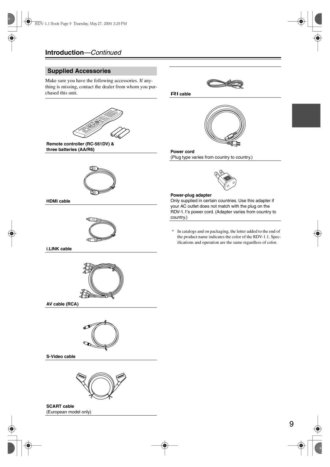 Integra RDV-1.1 Introduction, Supplied Accessories, Power-plug adapter, AV cable RCA Video cable Scart cable 