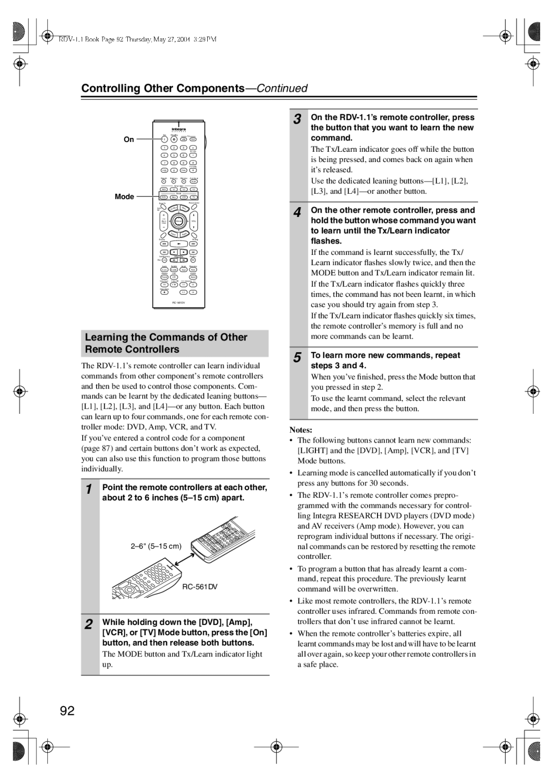 Integra RDV-1.1 instruction manual Learning the Commands of Other Remote Controllers, Mode 