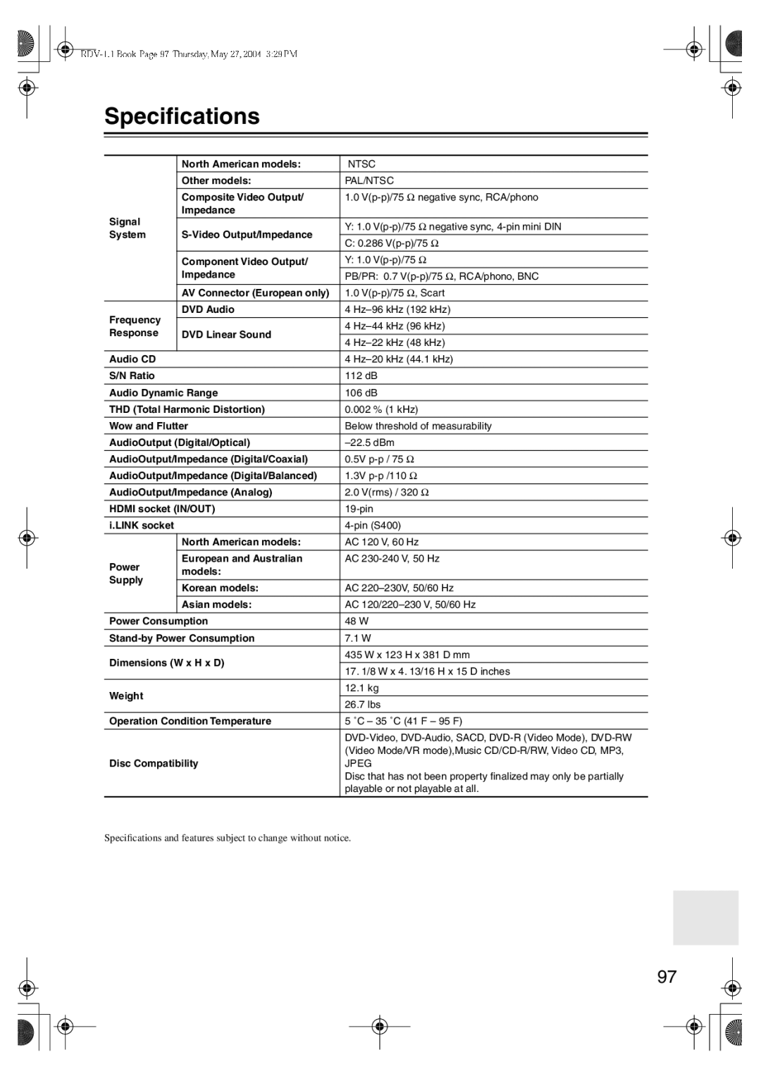 Integra RDV-1.1 instruction manual Speciﬁcations 