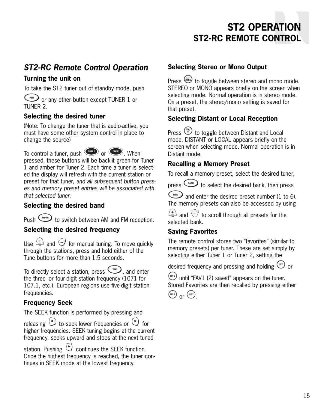 Integra instruction manual ST2-RC Remote Control Operation, Frequency Seek, Saving Favorites 