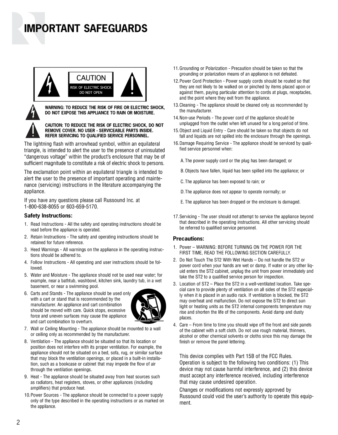 Integra ST2 instruction manual Important Safeguards, Safety Instructions 