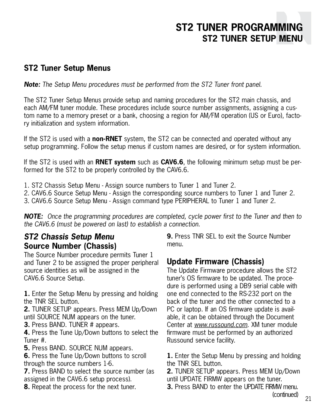 Integra instruction manual ST2 Tuner Programming, ST2 Tuner Setup Menu, ST2 Chassis Setup Menu 