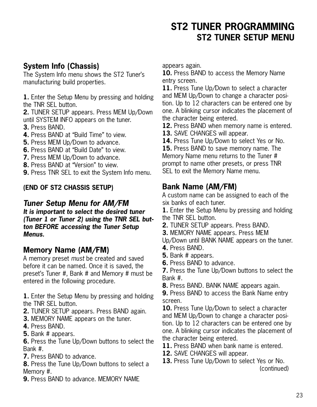 Integra ST2 instruction manual System Info Chassis, Tuner Setup Menu for AM/FM, Memory Name AM/FM, Bank Name AM/FM 