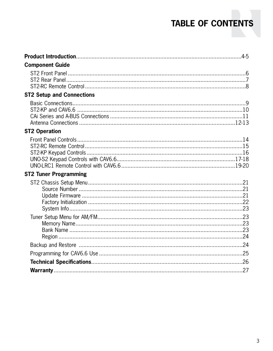 Integra ST2 instruction manual Table of Contents 