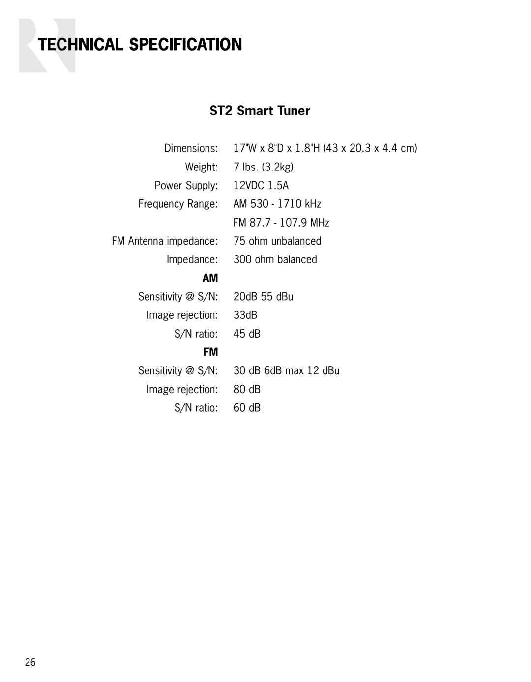 Integra instruction manual Technical Specification, ST2 Smart Tuner 