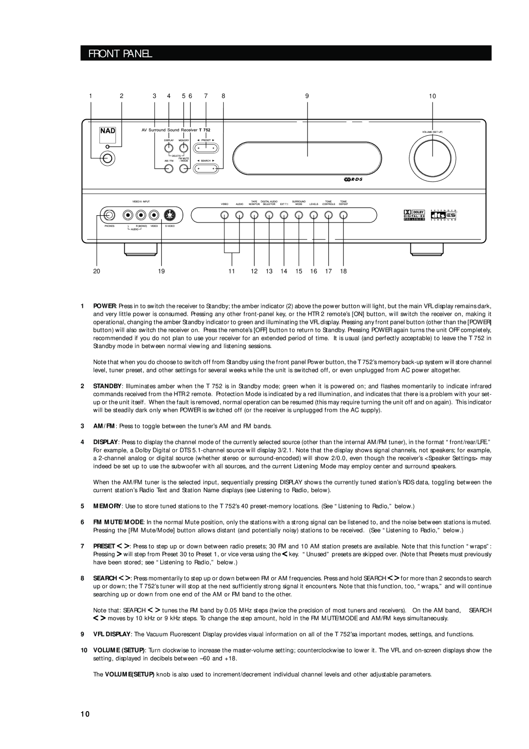 Integra T752 owner manual Front Panel 