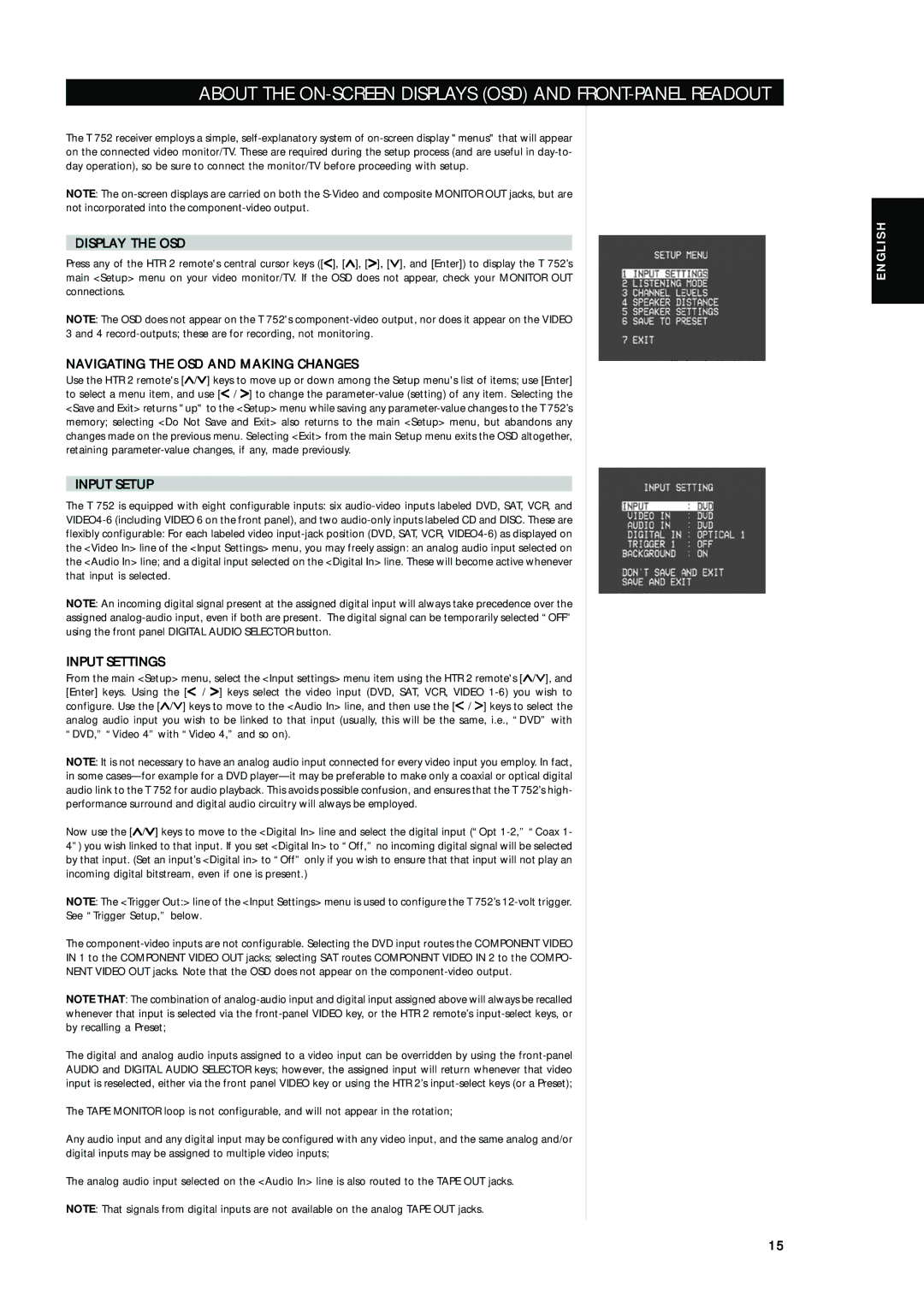 Integra T752 owner manual About the ON-SCREEN Displays OSD and FRONT-PANEL Readout, Display the OSD, Input Setup 