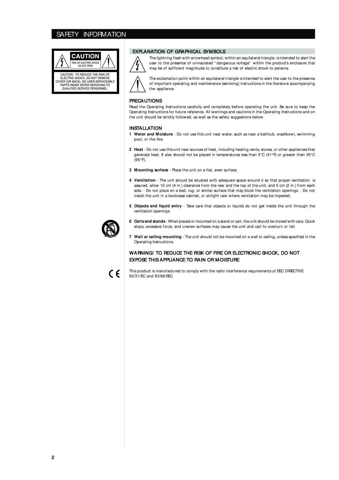 Integra T752 owner manual Safety Information, Explanation of Graphical Symbols, Precautions, Installation 