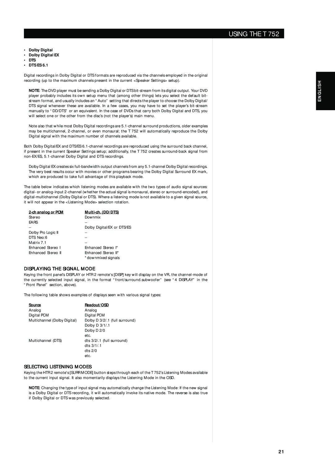 Integra T752 owner manual Displaying the Signal Mode, Selecting Listening Modes 