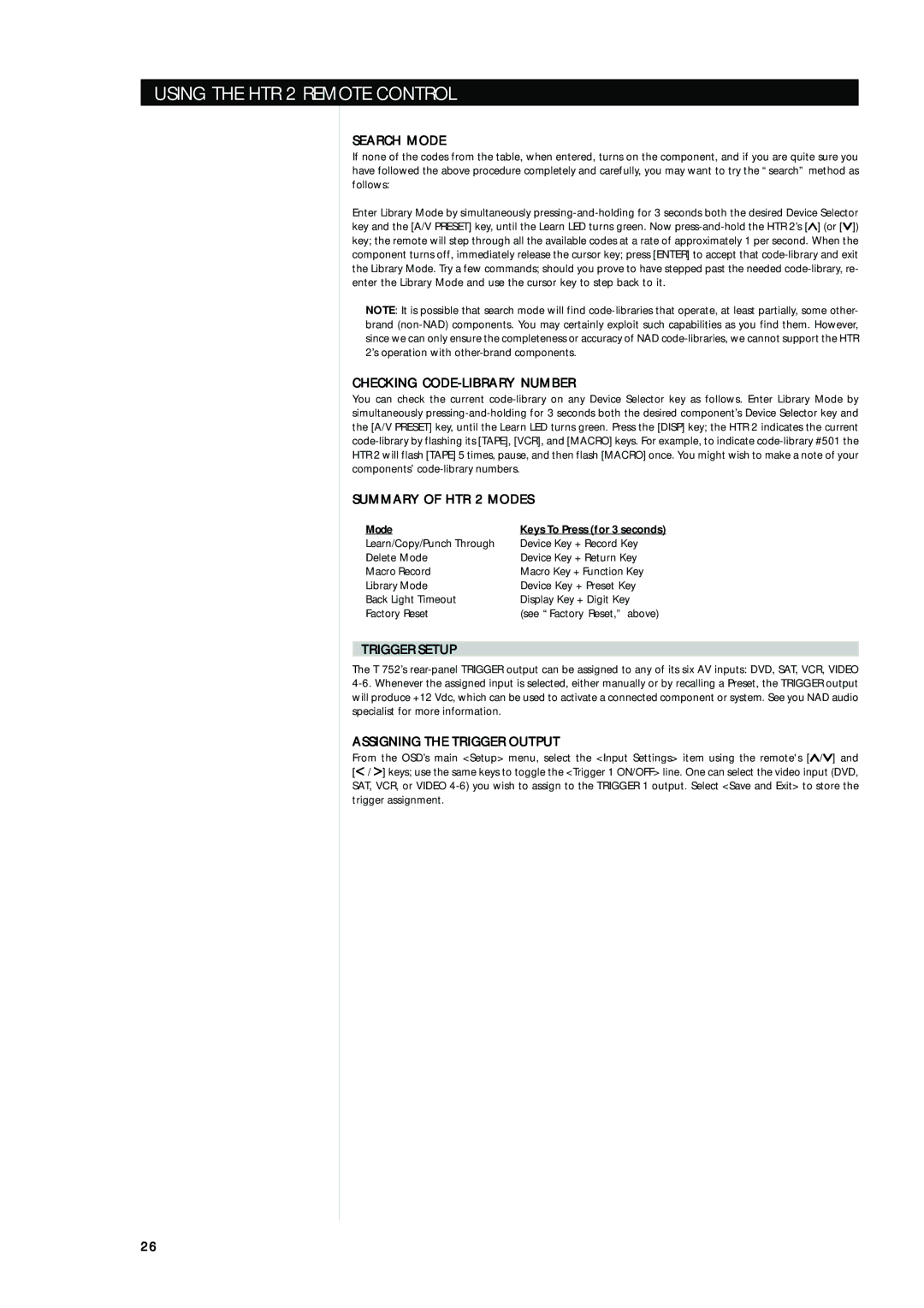 Integra T752 owner manual Search Mode, Checking CODE-LIBRARY Number, Summary of HTR 2 Modes, Trigger Setup 