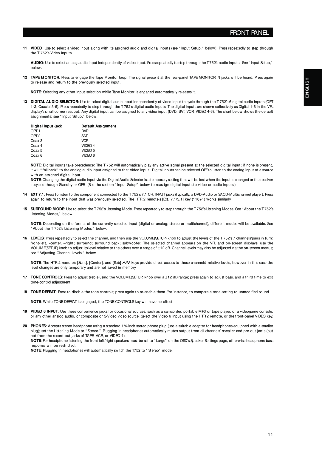 Integra T752 owner manual Front Panel, English, Digital Input Jack, Default Assignment 