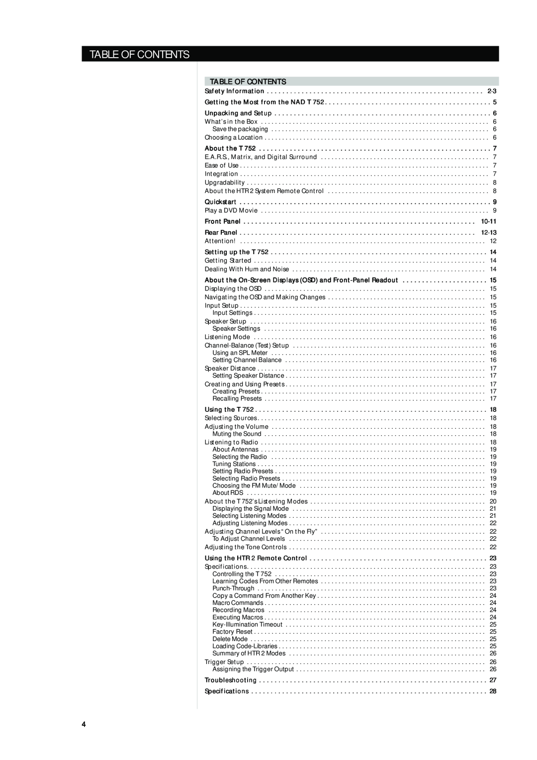 Integra T752 owner manual Table Of Contents 