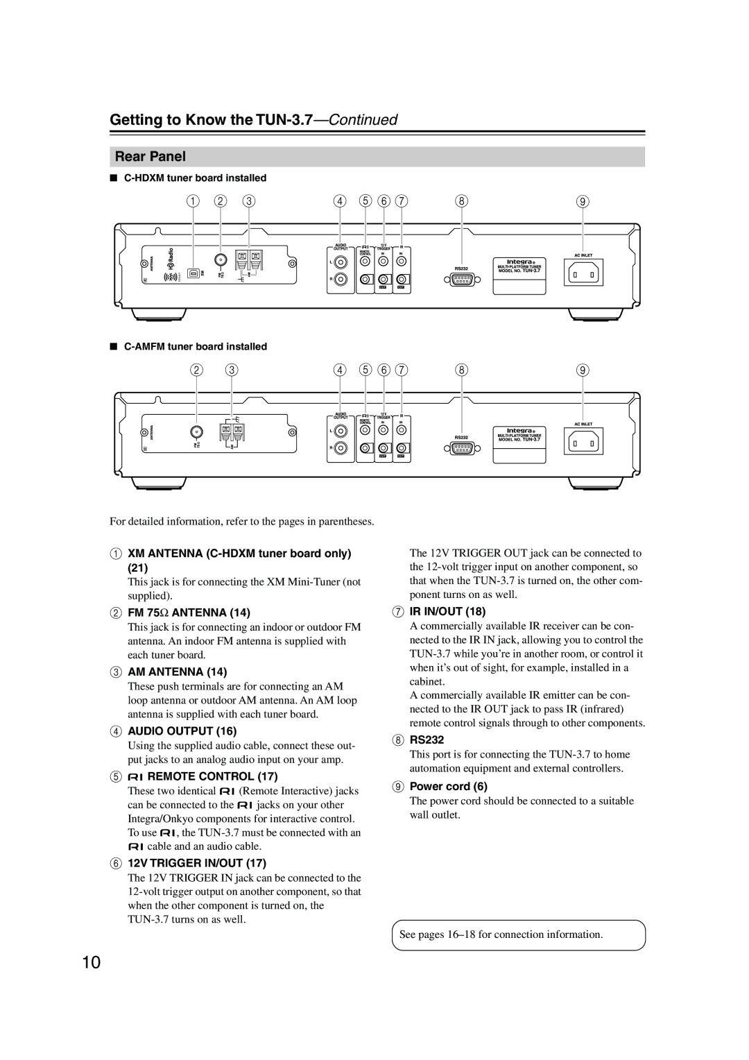 Integra TUN-3.7 instruction manual Rear Panel, XM Antenna C-HDXM tuner board only, Ir In/Out, RS232, Power cord 