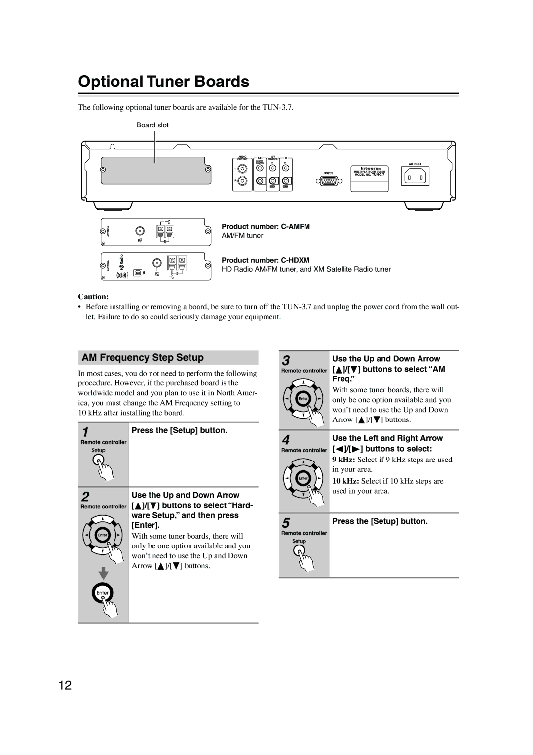 Integra TUN-3.7 instruction manual Optional Tuner Boards, AM Frequency Step Setup 