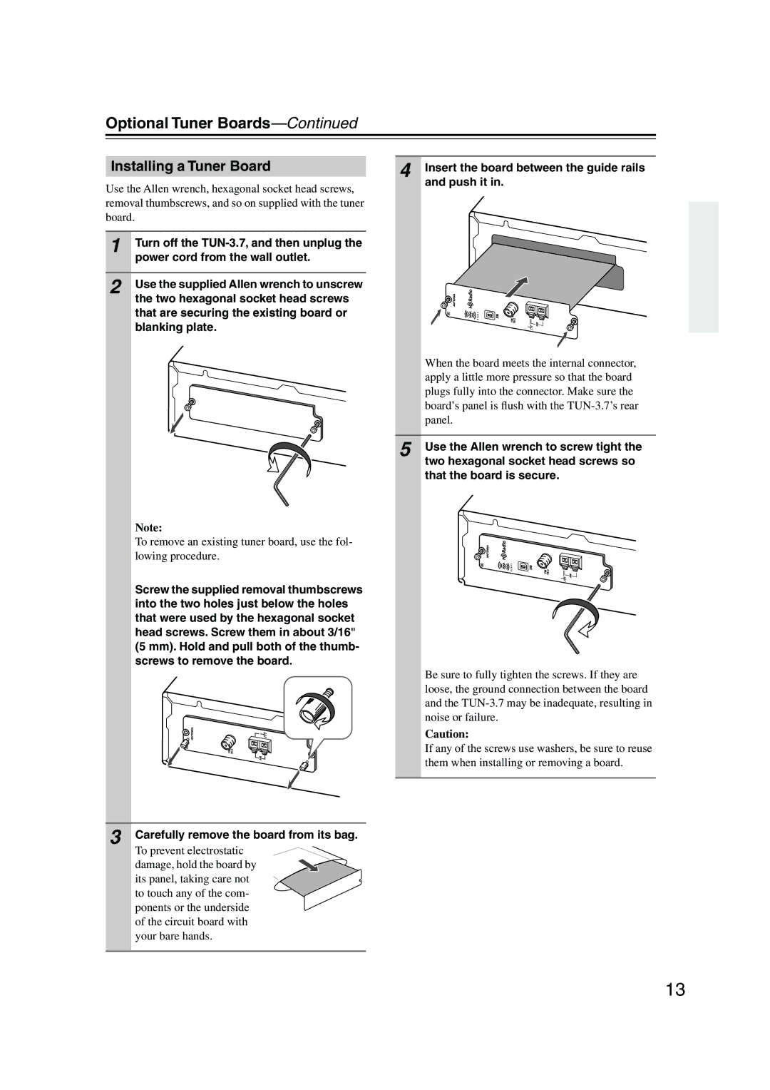 Integra TUN-3.7 instruction manual Optional Tuner Boards, Installing a Tuner Board 