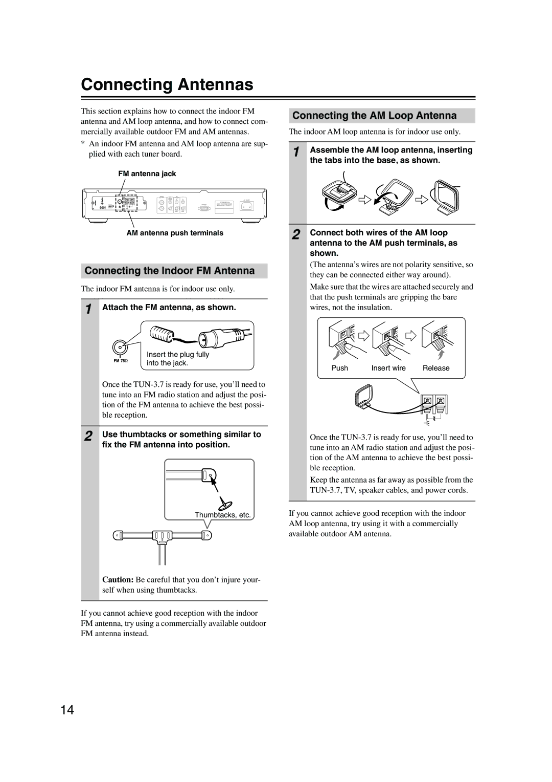 Integra TUN-3.7 instruction manual Connecting Antennas, Connecting the AM Loop Antenna, Connecting the Indoor FM Antenna 