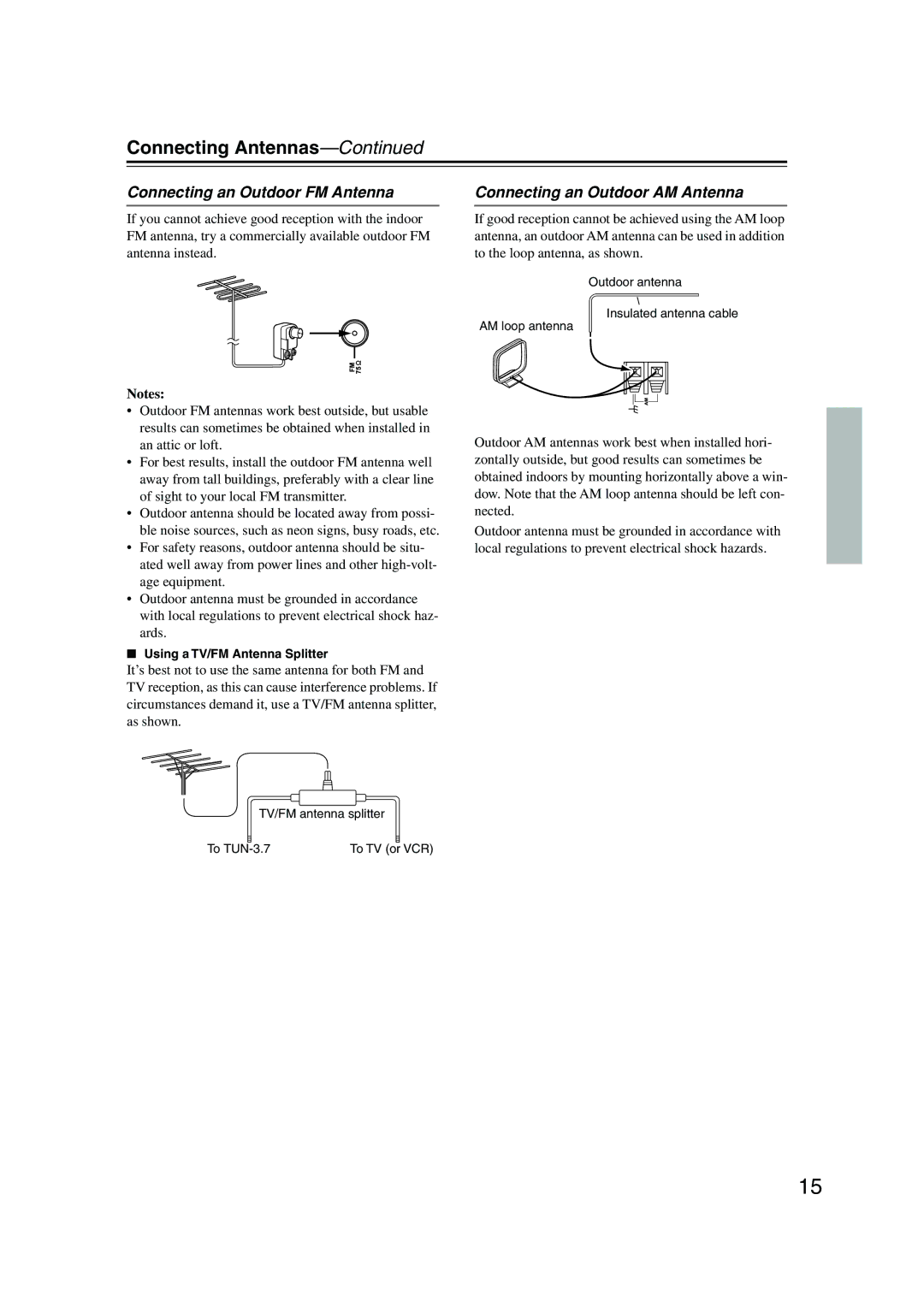 Integra TUN-3.7 instruction manual Connecting Antennas, Connecting an Outdoor FM Antenna, Connecting an Outdoor AM Antenna 