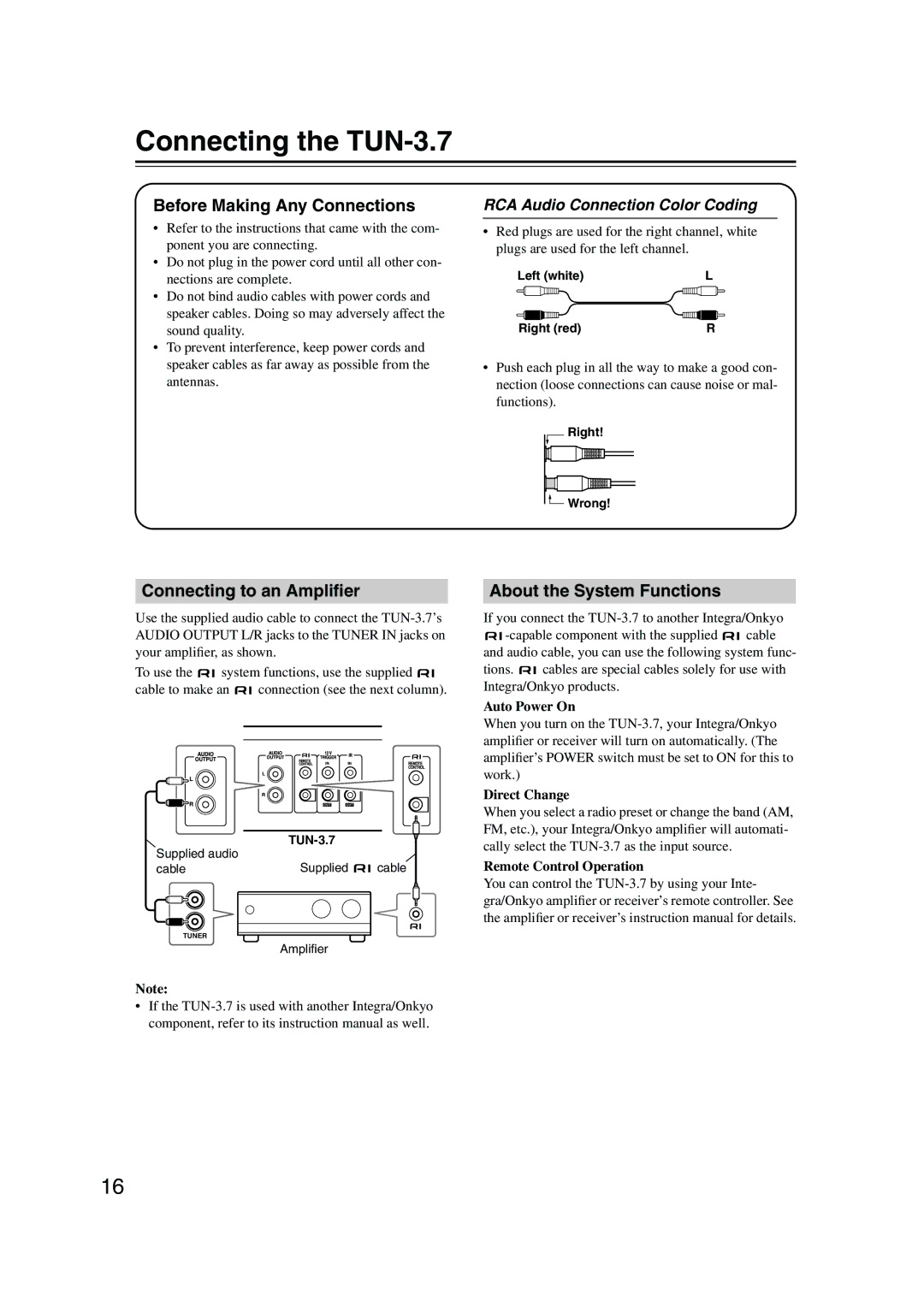 Integra Connecting the TUN-3.7, Before Making Any Connections, Connecting to an Ampliﬁer, About the System Functions 
