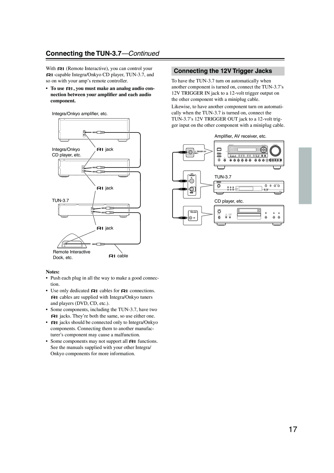 Integra instruction manual Connecting the TUN-3.7, Connecting the 12V Trigger Jacks 