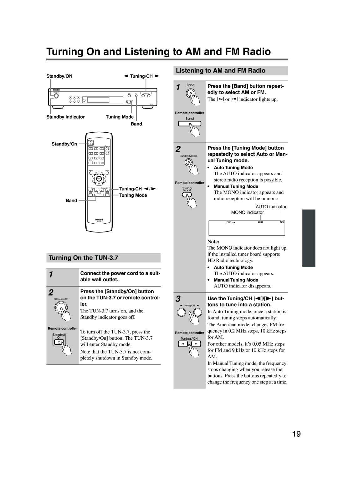 Integra instruction manual Turning On and Listening to AM and FM Radio, Turning On the TUN-3.7 