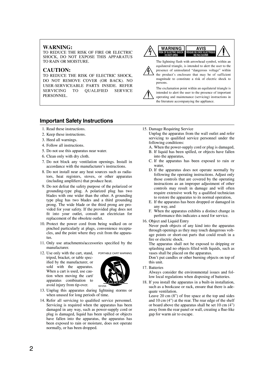 Integra TUN-3.7 instruction manual Important Safety Instructions, Avis 