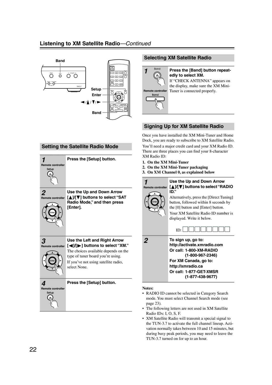 Integra TUN-3.7 Listening to XM Satellite Radio, Setting the Satellite Radio Mode, Selecting XM Satellite Radio 