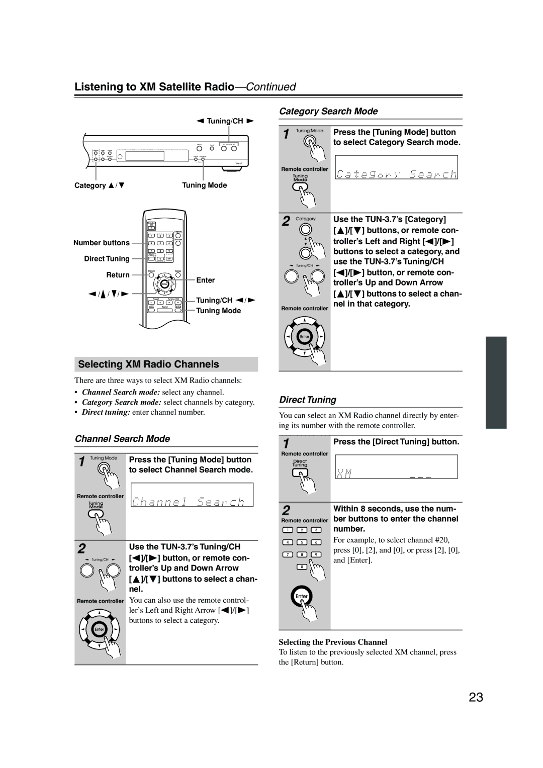 Integra TUN-3.7 instruction manual Selecting XM Radio Channels, Category Search Mode, Channel Search Mode, Direct Tuning 