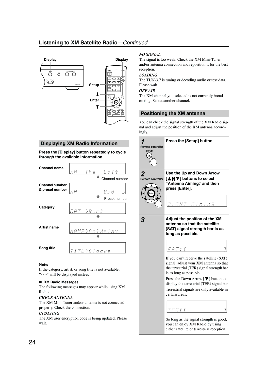 Integra TUN-3.7 instruction manual Displaying XM Radio Information, Positioning the XM antenna 